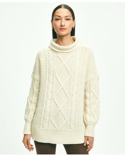 Brooks Brothers Oversize Merino Wool Mock Neck Aran Knit Sweater - Natural