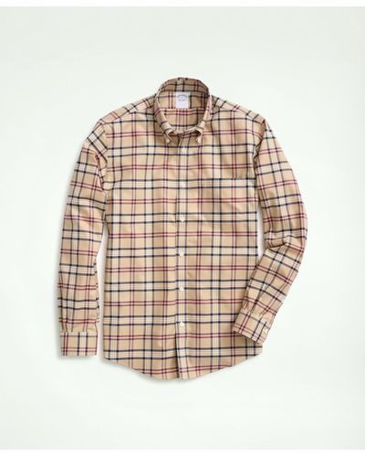 Brooks Brothers Stretch Supima Cotton Non-iron Twill Polo Button Down Collar, Tartan Shirt - Natural