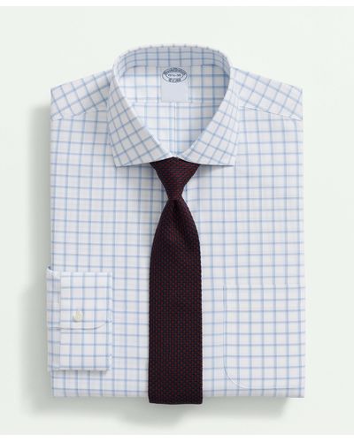 Brooks Brothers Stretch Supima Cotton Non-iron Royal Oxford English Spread Collar, Windowpane Dress Shirt - Blue