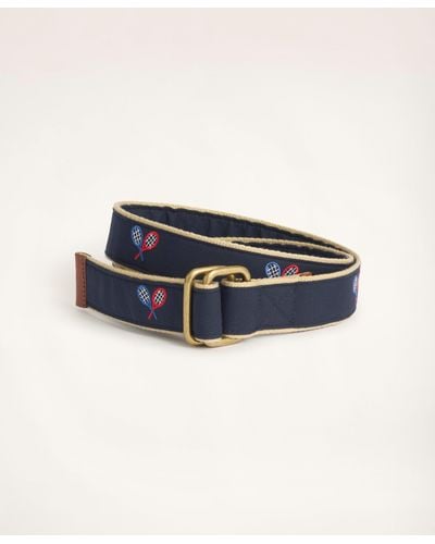 Brooks Brothers Embroidered Leather Tab D-ring Belt - Blue