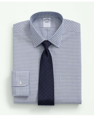 Brooks Brothers Stretch Supima Cotton Non-iron Poplin Ainsley Collar, Checked Dress Shirt - Blue