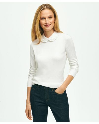 Brooks Brothers Cotton Sweater With Removable Ruffle Collar - White