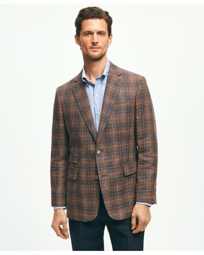 Brooks Brothers Classic Fit Plaid Hopsack Sport Coat In Linen-wool Blend - Brown