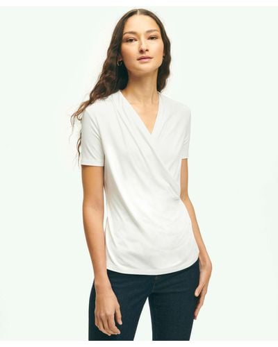 Brooks Brothers Short Sleeve Draped Faux Wrap Top - White