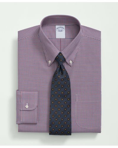 Brooks Brothers Stretch Supima Cotton Non-iron Poplin Polo Button-down Collar, Checked Dress Shirt - Purple