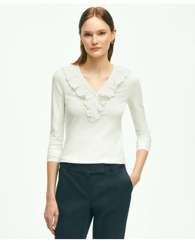 Brooks Brothers Long Sleeve Cotton Modal Ruffled Top - White