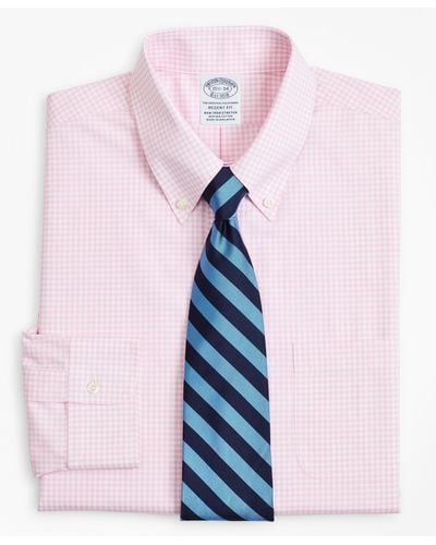 Brooks Brothers Stretch Milano Slim-fit Dress Shirt, Non-iron Poplin English Collar Gingham - Pink