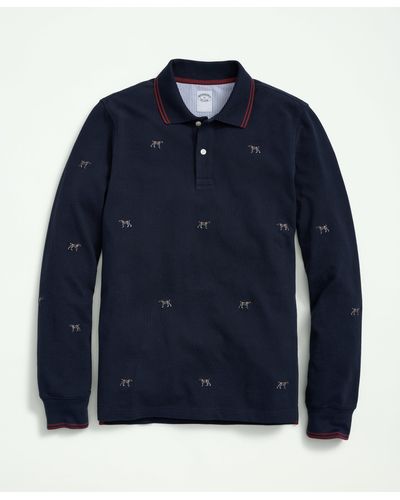 Brooks Brothers Cotton Pique Long-sleeve Embroidered Dog Polo Shirt - Blue