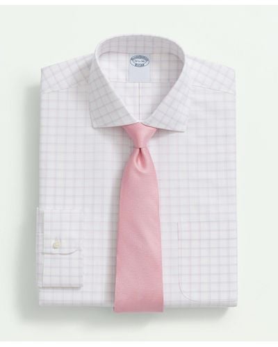 Brooks Brothers Stretch Supima Cotton Non-iron Royal Oxford English Spread Collar, Windowpane Dress Shirt - White