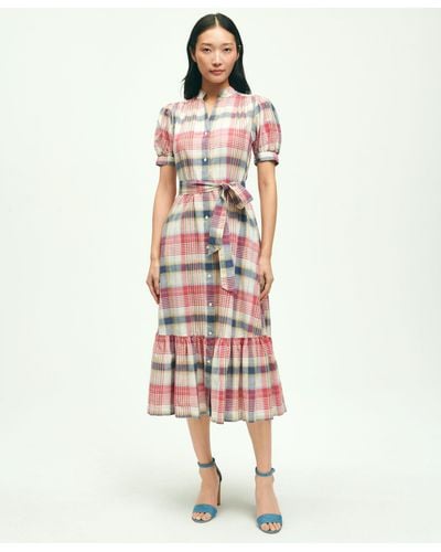Brooks Brothers Washed Cotton Madras Belted Shirt Dress - White