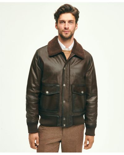 Brooks Brothers Leather Shearling Flight Jacket - Green