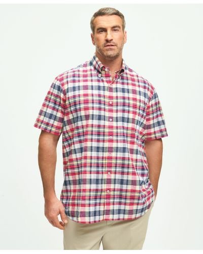 Brooks Brothers Big & Tall Washed Cotton Madras Short Sleeve Button-down Collar Sport Shirt - Red