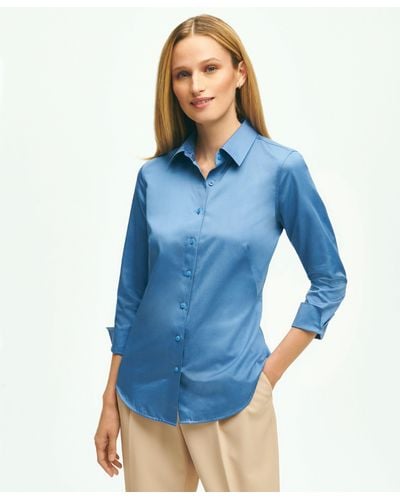 Brooks Brothers Fitted Stretch Cotton Sateen Three-quarter Sleeve Blouse - Blue