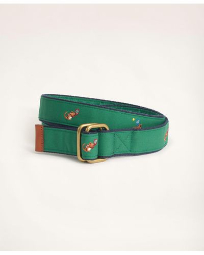 Brooks Brothers Embroidered Leather Tab D-ring Belt - Green