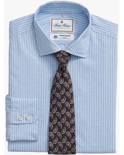 Brooks Brothers Light Blue Striped Regular Fit Cotton Linen Dress Shirt With English Spread Collar - Azul