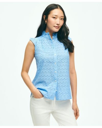 Brooks Brothers Eyelet Flutter Sleeve Blouse In Cotton - Blue