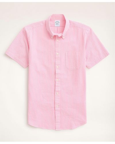 Brooks Brothers Regent Regular-fit Sport Shirt, Short-sleeve Seersucker Stripe - Pink
