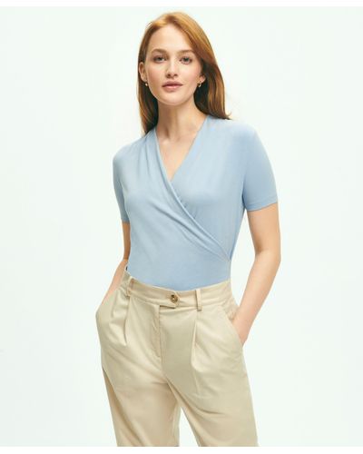 Brooks Brothers Short Sleeve Draped Faux Wrap Top - Blue