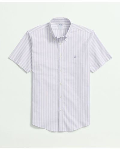 Brooks Brothers Stretch Cotton Non-iron Oxford Polo Button Down Collar, Striped Short-sleeve Shirt - White
