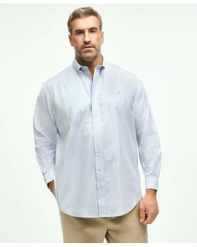 Brooks Brothers Stretch Cotton Non-iron Oxford Polo Button-down Collar, Outline Striped Shirt - Blue