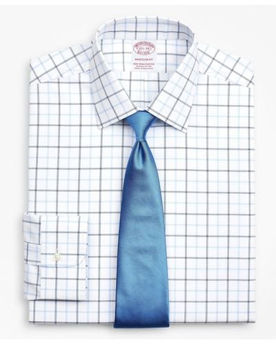 Brooks Brothers Stretch Milano Slim-fit Dress Shirt, Non-iron Poplin Ainsley Collar Double-grid Check - Blue