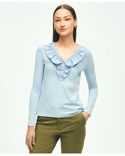 Brooks Brothers Long Sleeve Cotton Modal Ruffled Top - Blue