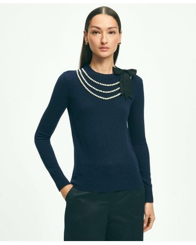 Brooks Brothers Merino Wool-cashmere Faux-pearl Necklace Sweater - Blue