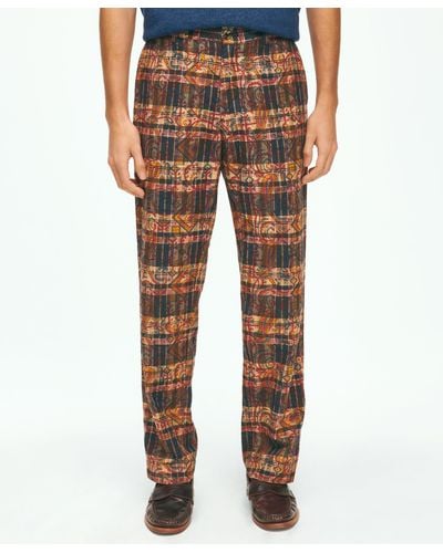 Brooks Brothers Cotton Madras Pants In Slub Overprint Pattern - Brown
