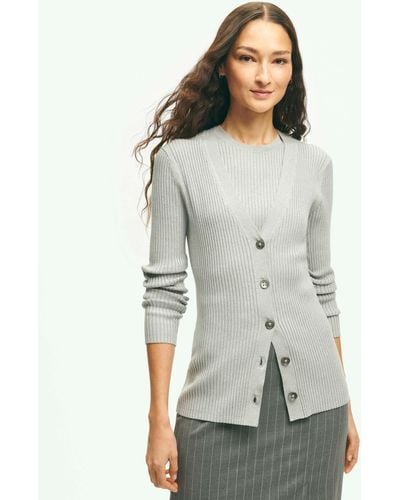 Brooks Brothers Silk Blend Ribbed V-neck Cardigan Sweater - Gray