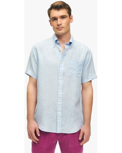 Brooks Brothers Light Blue Regular Fit Linen Short-sleeve Sport Shirt With Button Down Collar - Azul