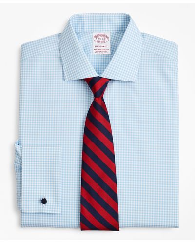 Brooks Brothers Stretch Milano Slim-fit Dress Shirt, Non-iron Poplin English Collar French Cuff Gingham - Blue