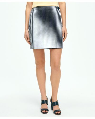 Brooks Brothers Gingham Wrap Skirt In Bi-stretch Cotton Twill - Blue