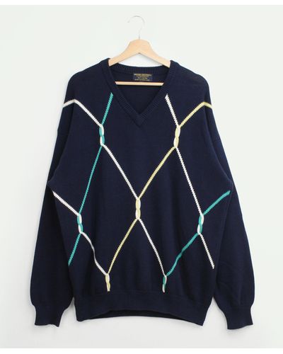Brooks Brothers Vintage Nautical Rope Motif V-neck Cable Knit Sweater, 1990s, Xl - Blue