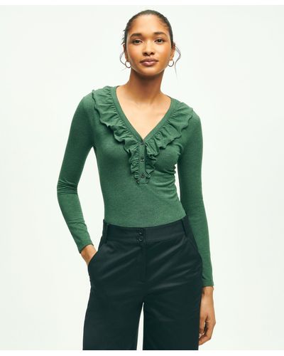 Brooks Brothers Long Sleeve Cotton Modal Ruffled Top - Green