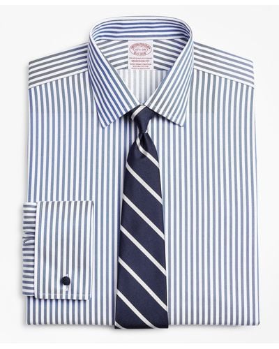 Brooks Brothers Stretch Milano Slim-fit Dress Shirt, Non-iron Twill Ainsley Collar French Cuff Bold Stripe - Blue