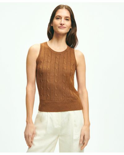 Brooks Brothers Cable Knit Shell In Linen Sweater - Brown