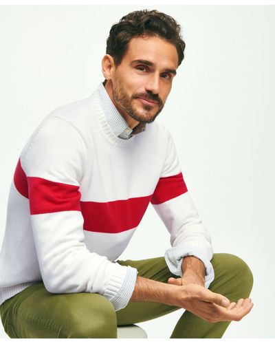 Brooks Brothers Vintage-inspired Chest Stripe Crewneck Sweater In Supima Cotton - White