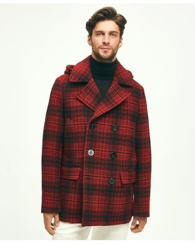 Brooks Brothers Wool Hooded Buffalo Check Pea Coat - Red