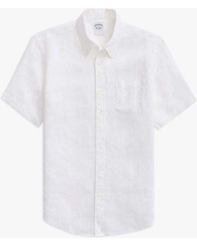 Brooks Brothers White Regular Fit Irish Linen Short-sleeve Sport Shirt With Button-down Collar - Blanco