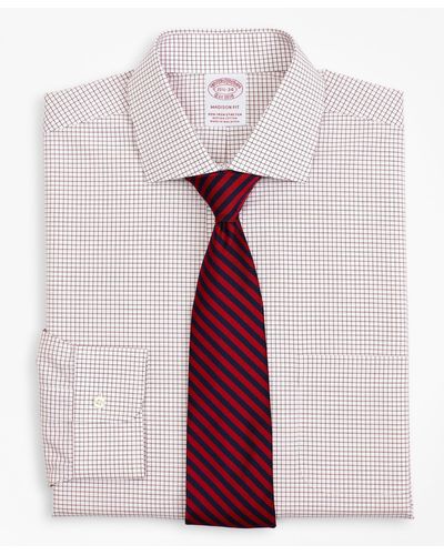 Brooks Brothers Stretch Milano Slim-fit Dress Shirt, Non-iron Poplin English Collar Small Grid Check - Red
