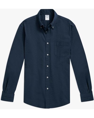 Brooks Brothers Navy Regular Fit Cotton Seersucker Sport Shirt With Button Down Collar - Azul