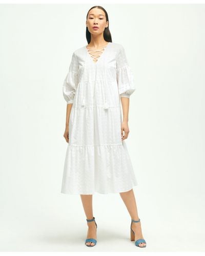 Brooks Brothers Cotton Tiered Eyelet Tie Neck Dress - White