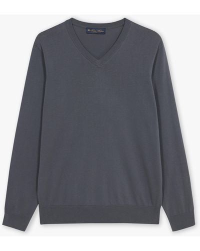 Brooks Brothers Dark Grey Cotton V-neck Sweater - Bleu