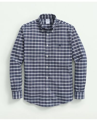 Brooks Brothers Stretch Cotton Non-iron Oxford Polo Button-down Collar, Tartan Shirt - Blue