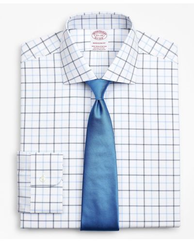 Brooks Brothers Stretch Milano Slim-fit Dress Shirt, Non-iron Poplin English Collar Double-grid Check - Blue