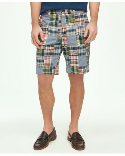 Brooks Brothers 9" Cotton Madras Chambray Patchwork Shorts - Blue