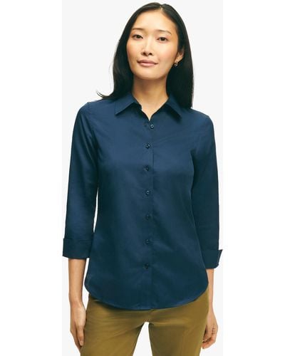 Brooks Brothers Navy Fitted Stretch Cotton Sateen Three-quarter Sleeve Blouse - Blu