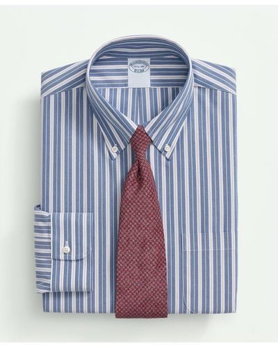 Brooks Brothers Stretch Supima Cotton Non-iron Poplin Polo Button Down Collar, Striped Dress Shirt - Blue