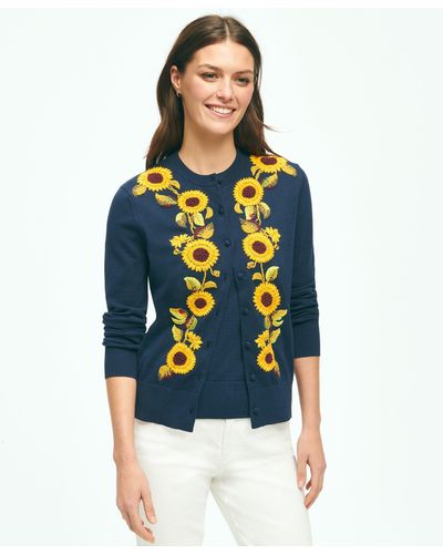 Brooks Brothers Sunflower Embroidered Cardigan In Supima Cotton Sweater - Blue