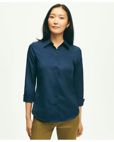 Brooks Brothers Fitted Stretch Cotton Sateen Three-quarter Sleeve Blouse - Blue